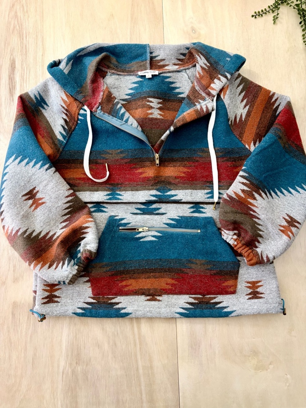 Mainstrip Aztec Southwestern Teal Half-Zip Hooded Sweater - Small - Picture 5 of 10